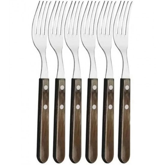 Jogo 6 Garfos Polywood Jumbo Aço Inox Tramontina Com Cabo De Madeira Marrom